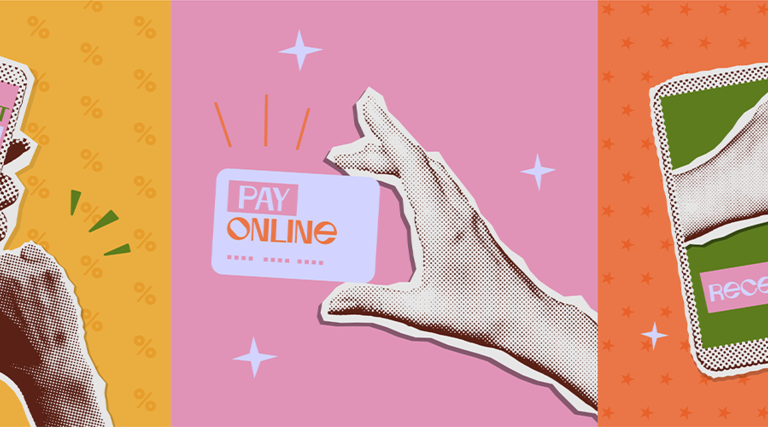 Online shopping 1990s mixed media collage. Vector illustration - stock illustration
